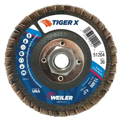 Weiler Tiger X Flap Disc – 4-1/2″ Type 29 w/Hub 36 Grit 51204