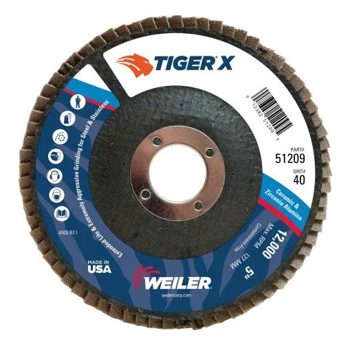 Weiler Tiger X Flap Disc – 5″ Type 29 7/8 Arbor 40 Grit 51209
