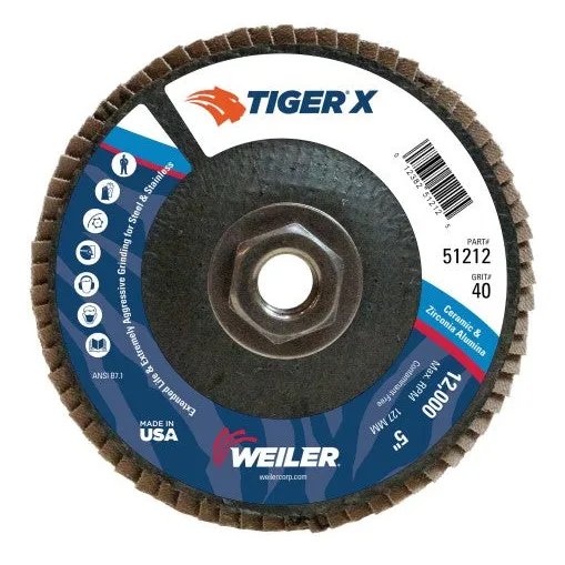 Weiler Tiger X Flap Disc – 5″ Type 29 w/Hub 40 Grit 51212