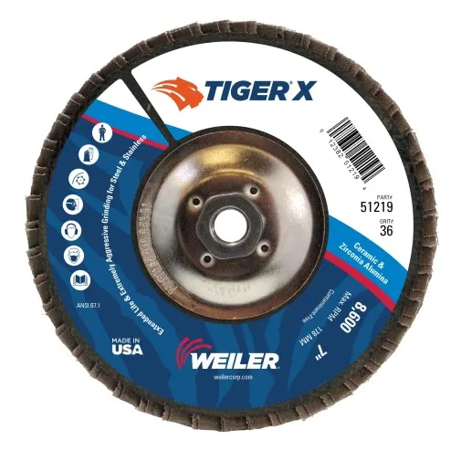 Weiler Tiger X Flap Disc – 7″ Type 29 w/Hub 36 Grit 51219