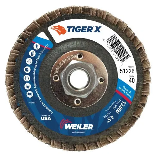 Weiler Tiger X Flap Disc – 4-1/2″ Type 27 w/Hub 40 Grit 51226