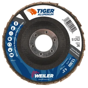 Weiler 51252 4-1/2″ Tiger Aluminum Flap Disc, Flat (TY27), Phenolic Backing, 36Z, 7/8″ Arbor Hole, 10/BOX