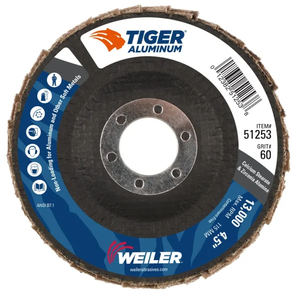 Weiler 51253 4-1/2″ Tiger Aluminum Flap Disc, Flat (TY27), Phenolic Backing, 60Z, 7/8″ Arbor Hole, 10/BOX