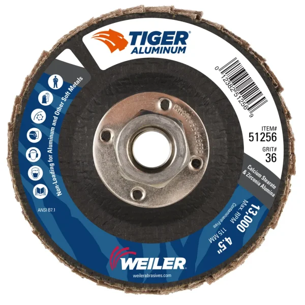 Weiler 51256 4-1/2″ Tiger Aluminum Flap Disc, Flat (TY27), Phenolic Backing, 36Z, 5/8″-11 Arbor Hole, 10/BOX