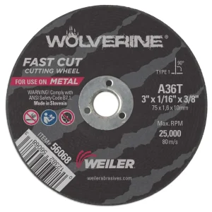 Weiler 56068 3″ x 1/16″ Wolverine Type 1 Cut-Off Wheel, A36T, 3/8″ A.H., 100/BOX