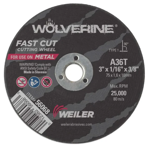 Weiler 56068 3″ x 1/16″ Wolverine Type 1 Cut-Off Wheel, A36T, 3/8″ A.H., 100/BOX