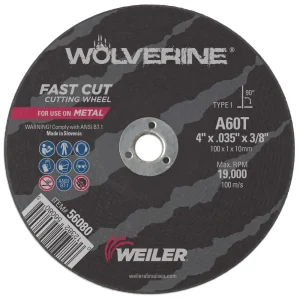 Weiler 56080 4″ x .035″ Wolverine Type 1 Cut-Off Wheel, A60T, 3/8″ A.H., 25/BOX
