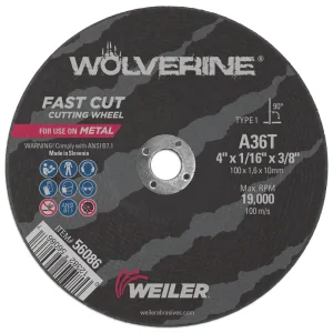 Weiler 56086 4″ x 1/16″ Wolverine Type 1 Cut-Off Wheel, A36T, 3/8″ A.H., 25/BOX
