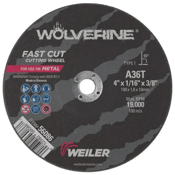 Weiler 56086 4″ x 1/16″ Wolverine Type 1 Cut-Off Wheel, A36T, 3/8″ A.H., 25/BOX