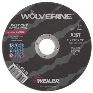 Weiler 56118 5″ x 1/16″ Wolverine Type 1 Cut-Off Wheel, A36T, 7/8″ A.H., 25/BOX
