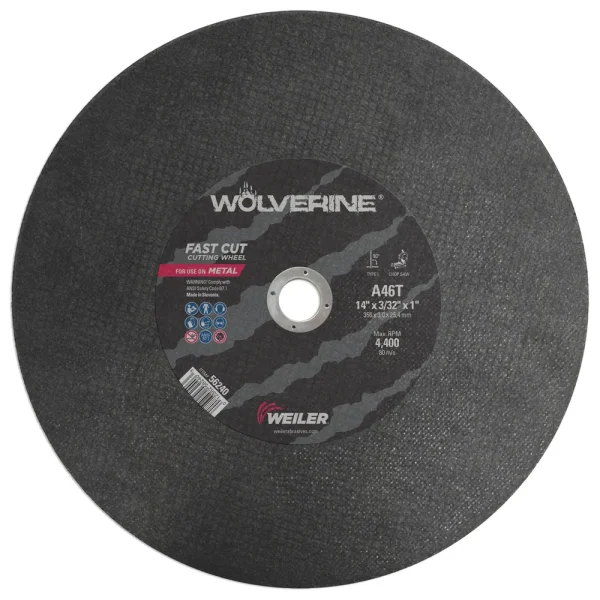 Weiler 56240 14″ x 3/32″ Wolverine Type 1 Large Cutting Wheel, A46T, 1″ A.H., Chop Saw, 10/BOX
