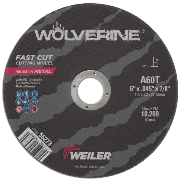 Weiler 56273 6″ x .045″ Wolverine Type 1 Cut-Off Wheel, A60T, 7/8″ A.H., 25/BOX