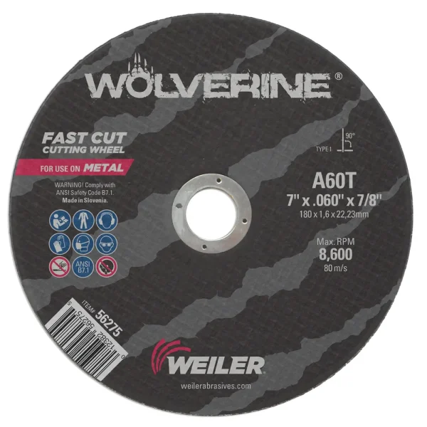 Weiler 56275 7″ x .045″ Wolverine Type 1 Cut-Off Wheel, A60T, 7/8″ A.H., 10/BOX