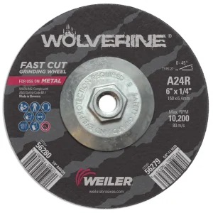 Weiler 56279 6″ x 1/4″ Wolverine Type 27 Grinding Wheel, A24R, 5/8″-11 Nut, 10/BOX