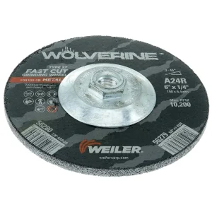 Weiler 56279 6″ x 1/4″ Wolverine Type 27 Grinding Wheel, A24R, 5/8″-11 Nut, 10/BOX