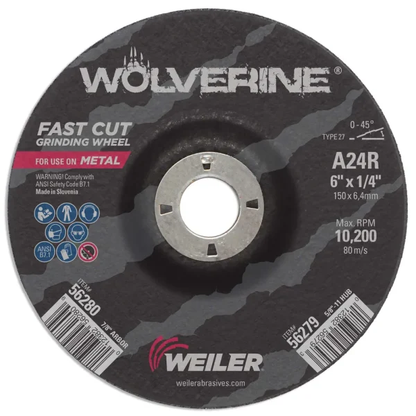 Weiler 56280 6″ x 1/4″ Wolverine Type 27 Grinding Wheel, A24R, 7/8″ A.H., 10/BOX