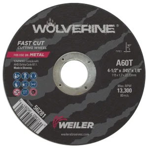 Weiler 56281 4-1/2″ x .045″ Wolverine Type 1 Cut-Off Wheel, A60T, 7/8″ A.H., 25/BOX