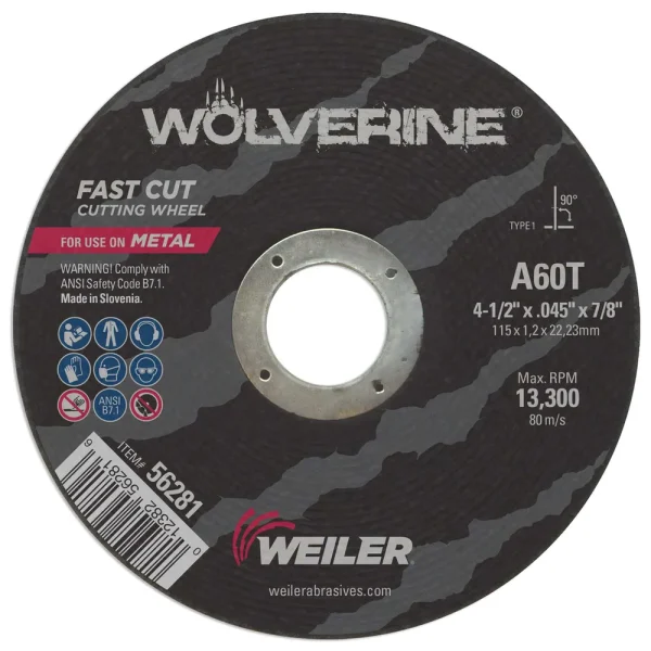 Weiler 56281 4-1/2″ x .045″ Wolverine Type 1 Cut-Off Wheel, A60T, 7/8″ A.H., 25/BOX