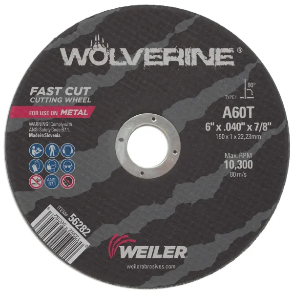 Weiler 56282 6″ x .040″ Wolverine Type 1 Cut-Off Wheel, A60T, 7/8″ A.H., 25/BOX