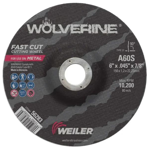 Weiler 56283 6″ x .045″ WOLVERINE Type 27 Cutting Wheel, A60S, 7/8″ A.H., 25/BOX