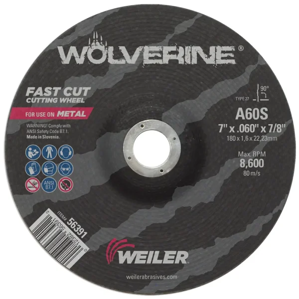Weiler 56391 7″ x .060″ Wolverine Type 27 Thin Cutting Wheel, A60S, 7/8″ A.H., 25/BOX