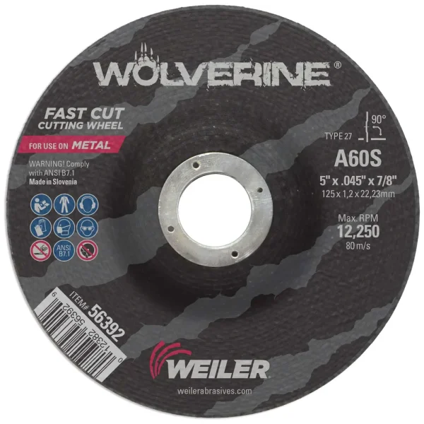 Weiler 56392 5″ x .045″ Wolverine Type 27 Thin Cutting Wheel, A60S, 7/8″ A.H., 25/BOX