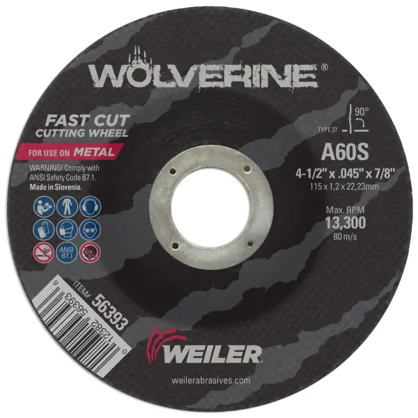 Weiler 56393 4-1/2″ x .045″ Wolverine Type 27 Cutting Wheel, A60S, 7/8″ A.H., 25/BOX