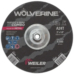 Weiler 56423 9″ x 1/8″ WOLVERINE Type 27 Cut/Grind Combo Wheel, A24T, 5/8″-11 Nut, 10/BOX