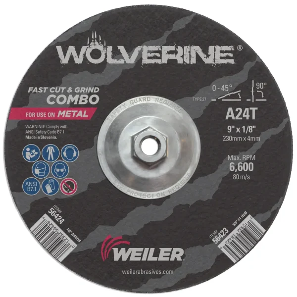 Weiler 56423 9″ x 1/8″ WOLVERINE Type 27 Cut/Grind Combo Wheel, A24T, 5/8″-11 Nut, 10/BOX