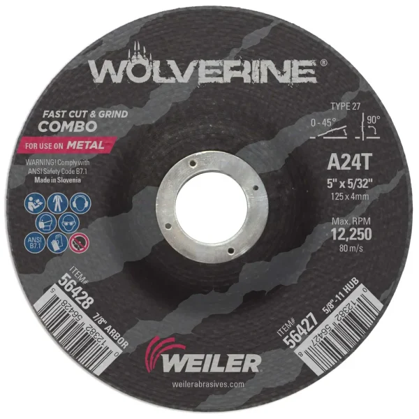 Weiler 56428 5″ x 1/8″ Wolverine Type 27 Cut/Grind Combo Wheel, A24T, 7/8″ A.H., 25/BOX