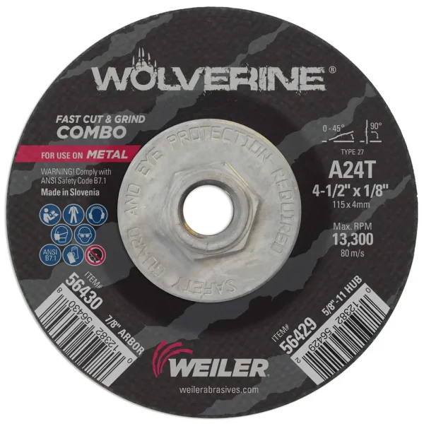 Weiler 56429 4-1/2″ x 1/8″ Wolverine Type 27 Cut/Grind Combo Wheel, A24T, 5/8″-11 Nut, 10/BOX
