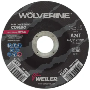 Weiler 56430 4-1/2″ x 1/8″ Wolverine Type 27 Cut/Grind Combo Wheel, A24T, 7/8″ A.H., 25/BOX