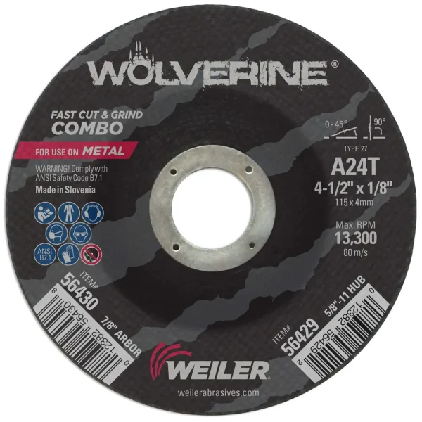 Weiler 56430 4-1/2″ x 1/8″ Wolverine Type 27 Cut/Grind Combo Wheel, A24T, 7/8″ A.H., 25/BOX