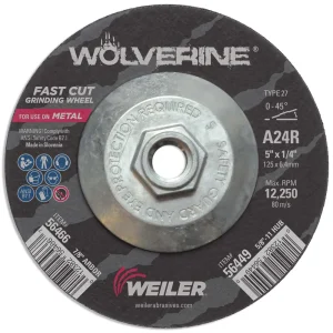 Weiler 56449 5″ x 1/4″ Wolverine Type 27 Grinding Wheel, A24R, 5/8″-11 Nut, 10/BOX