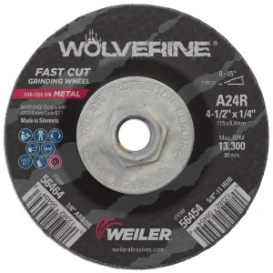 Weiler 56454 4-1/2″ x 1/4″ Wolverine Type 27 Grinding Wheel, A24R, 5/8″-11 Nut, 10/BOX