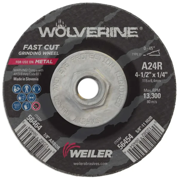 Weiler 56454 4-1/2″ x 1/4″ Wolverine Type 27 Grinding Wheel, A24R, 5/8″-11 Nut, 10/BOX