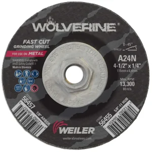 Weiler 56455 4-1/2″ x 1/4″ Wolverine Type 27 Grinding Wheel, A24N, 5/8″-11 Nut, 10/BOX