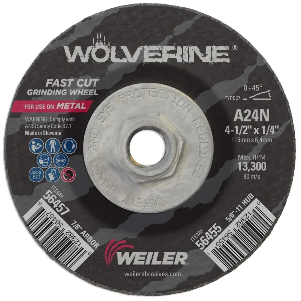 Weiler 56455 4-1/2″ x 1/4″ Wolverine Type 27 Grinding Wheel, A24N, 5/8″-11 Nut, 10/BOX
