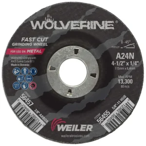 Weiler 56457 4-1/2″ x 1/4″ Wolverine Type 27 Grinding Wheel, A24N, 7/8″ A.H., 10/BOX