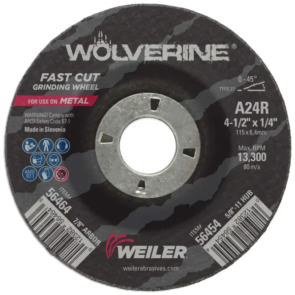 Weiler 56464 4-1/2″ x 1/4″ Wolverine Type 27 Grinding Wheel, A24R, 7/8″ A.H., 10/BOX