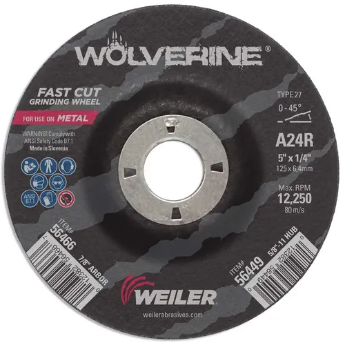 Weiler 56466 5″ x 1/4″ Wolverine Type 27 Grinding Wheel, A24R, 7/8″ A.H., 10/BOX