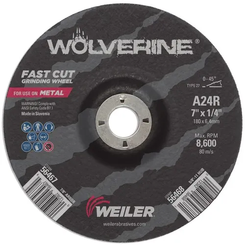 Weiler 56467 7″ x 1/4″ Wolverine Type 27 Grinding Wheel, A24R, 7/8″ A.H., 10/BOX