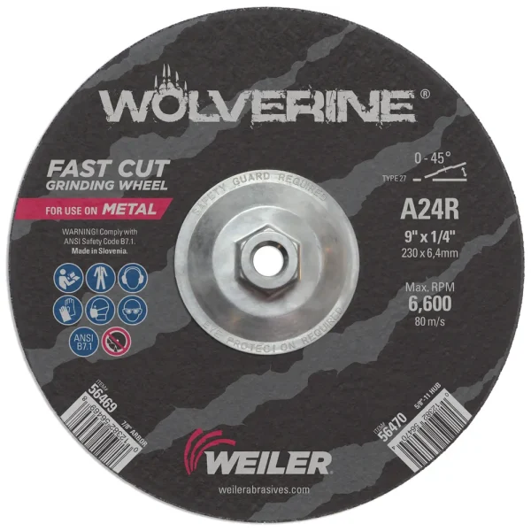 Weiler 56470 9″ x 1/4″ Wolverine Type 27 Grinding Wheel, A24R, 5/8″-11 Nut, 10/BOX