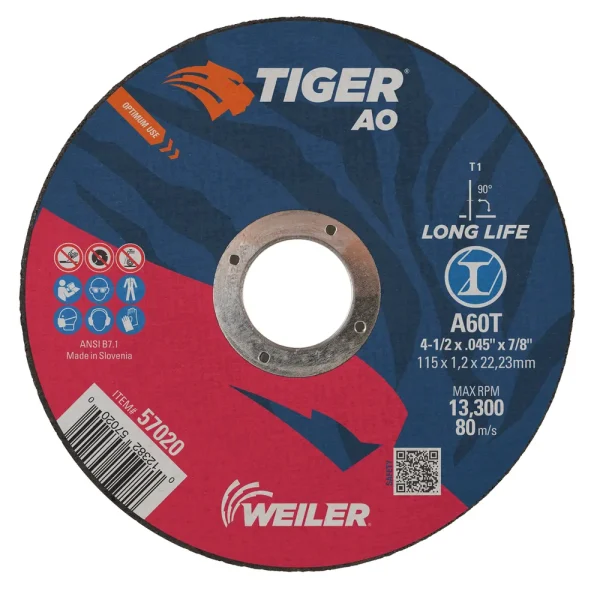Weiler 57020 4-1/2″ x .045″ TIGER AO Type 1 Cut-Off Wheel, A60T, 7/8″ A.H., 25/BOX