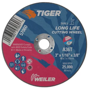 WEILER 57060 3″ x 1/16″ TIGER AO TYPE1 CUTOFF WHEEL, A36T, 3/8″ A.H., 100/BOX