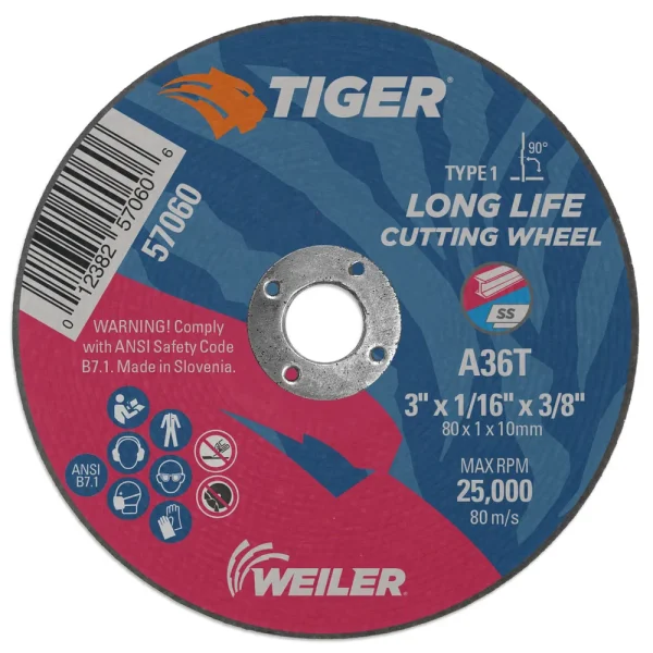 WEILER 57060 3″ x 1/16″ TIGER AO TYPE1 CUTOFF WHEEL, A36T, 3/8″ A.H., 100/BOX