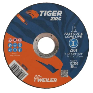 Weiler 58000 4-1/2″ x .045″ TIGER ZIRC Type 1 Cut-Off Wheel, Z60T, 7/8″ A.H., 25/BOX