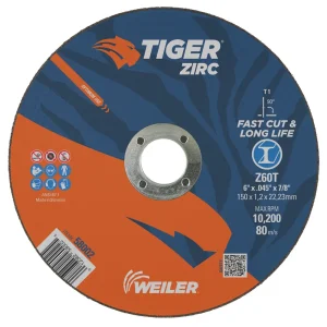 Weiler 58002 6″ x .045″ TIGER ZIRC Type 1 Cut-Off Wheel, Z60T, 7/8″ A.H., 25/BOX