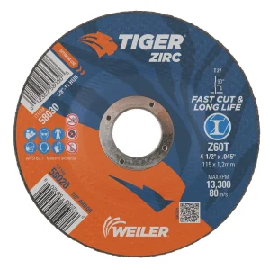 Weiler 58020 4-1/2″ x .045″ TIGER ZIRC Type 27 Cutting Wheel, Z60T, 7/8″ A.H., 25/BOX
