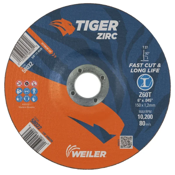 Weiler 58022 6″ x .045″ TIGER ZIRC Type 27 Cutting Wheel, Z60T, 7/8″ A.H., 25/BOX
